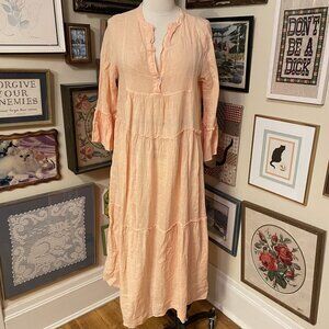 Womens Peach Linen Tiered Long Sleeve Dress With Ruffle Trim & Button Detail XL